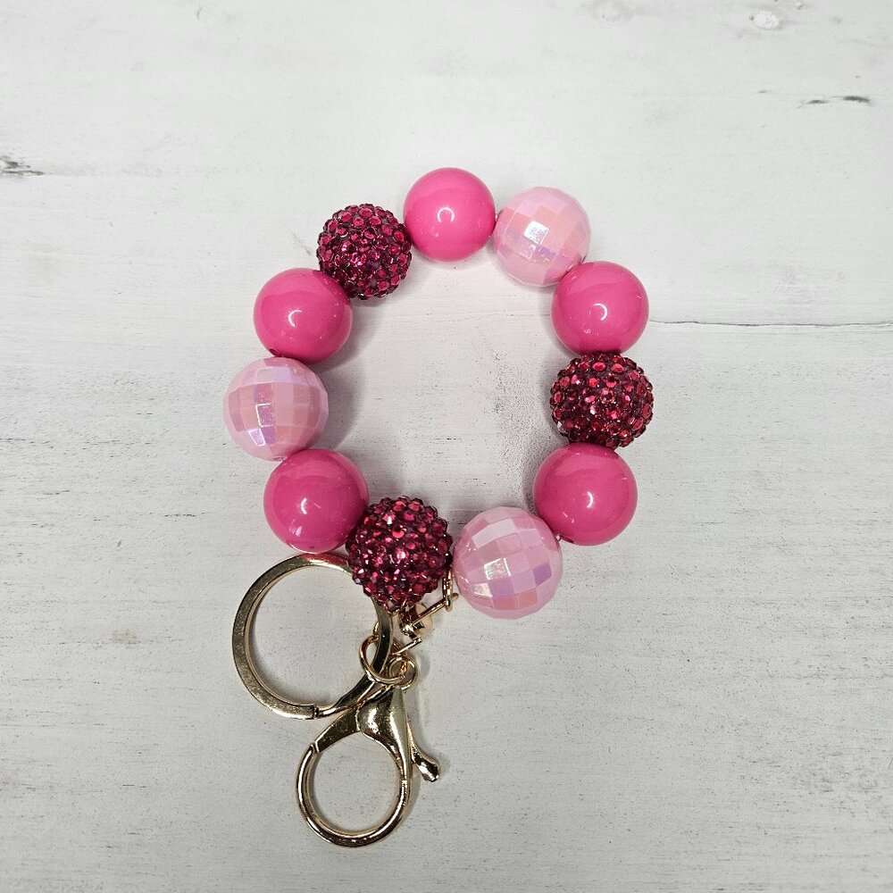 Pink Gold tone Large Bead Key Chain Bag Pull